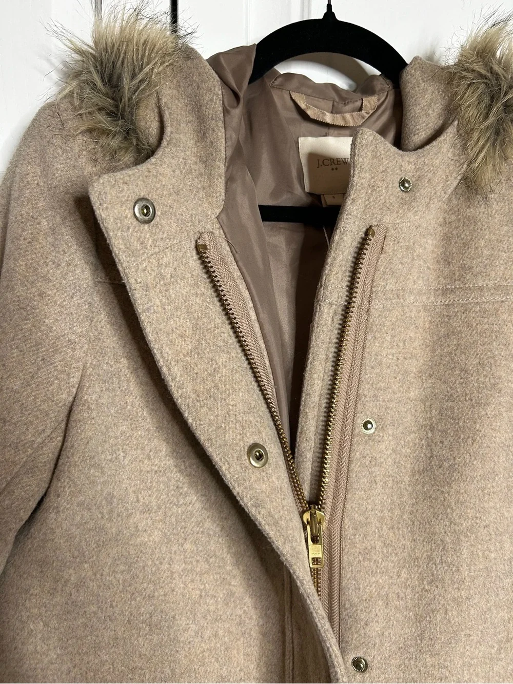 J. Crew Taupe Hooded Wool-Blend Trench Coat with Faux Fur Trim
